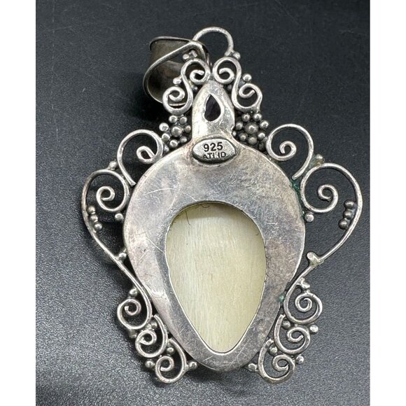 Sterling Silver Pendant Carved Goddess Face Purple Rhinestone Filigree Statement - Picture 5 of 9